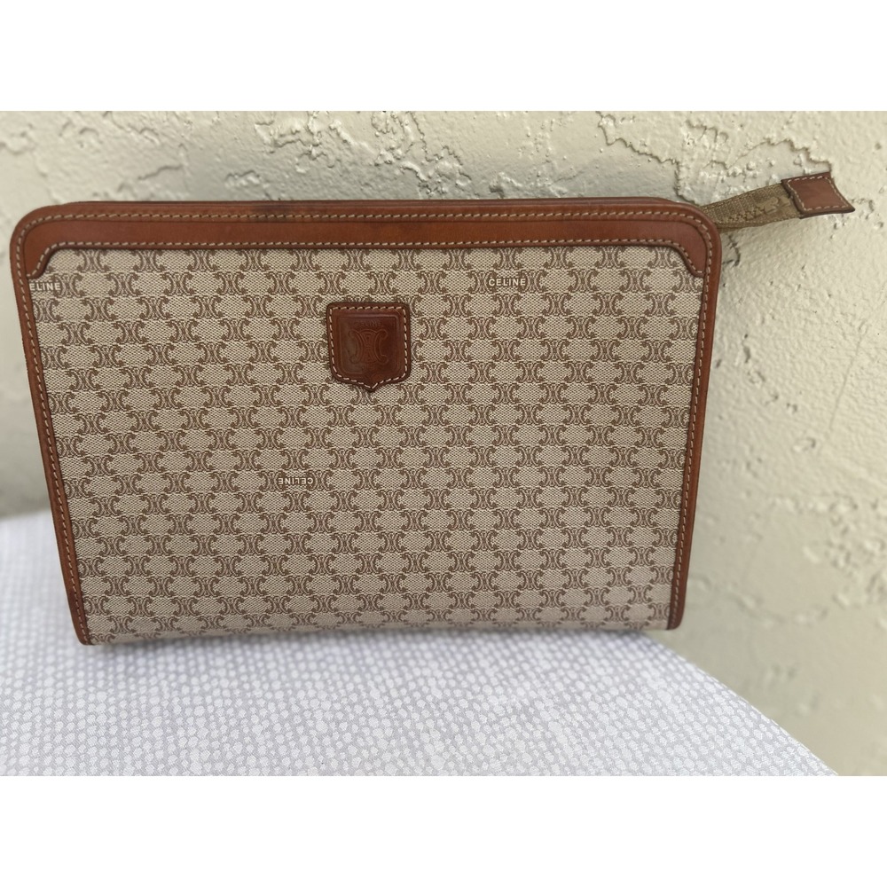 Celine Macadam Triomphe Vintage Clutch Bag Brown Tan Monogram Made in Italy